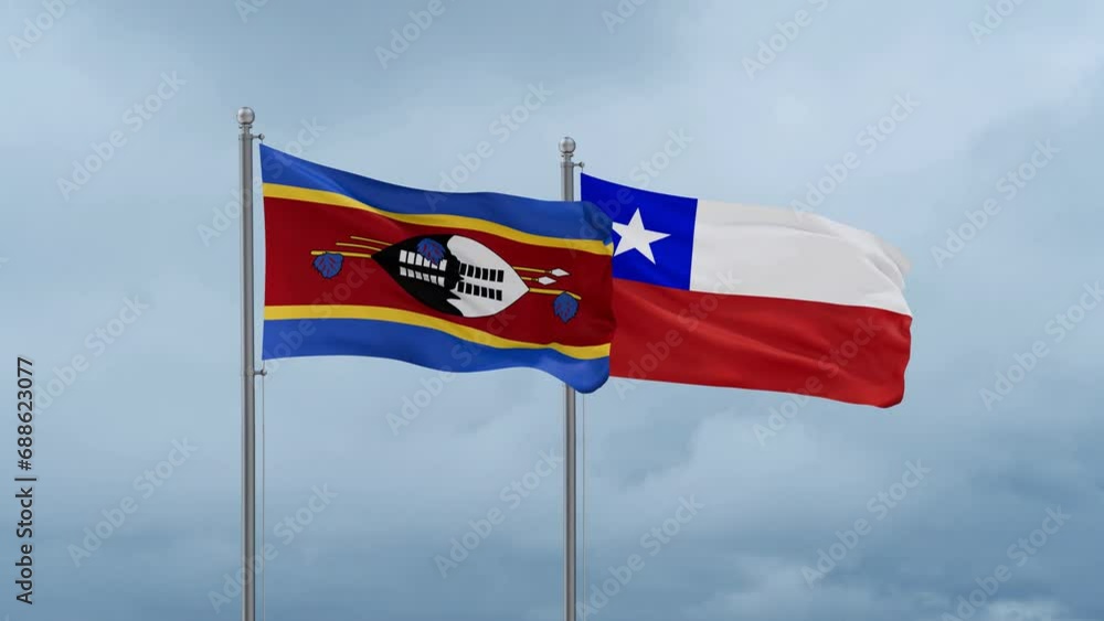 Chile flag and Eswatini flag waving together on cloudy sky, endless seamless loop, two country relations concept Chile flag and Eswatini flag waving together on cloudy sky, endless seamless loop, two country relations concept