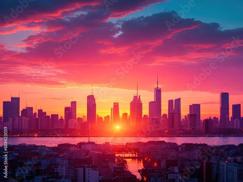 A Colorful Sunset Over A City Skyline Generative AI © sanverrstudio
