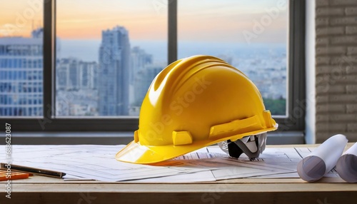 construction yellow hardhat on blueprints in office front of window 