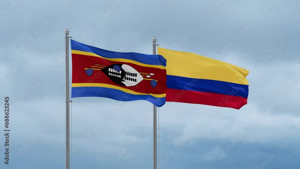 Colombia and Eswatini flag waving together on cloudy sky, endless seamless loop, two country cooperation concept Colombia and Eswatini flag waving together on cloudy sky, endless seamless loop, two country cooperation concept