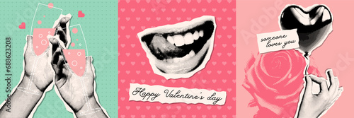 Valentine's Day cards set in trendy vintage collage style with torn out paper stickers. Halftone hands holding champagne, smiling lips, palm holding heart shaped balloon. Vector eps10