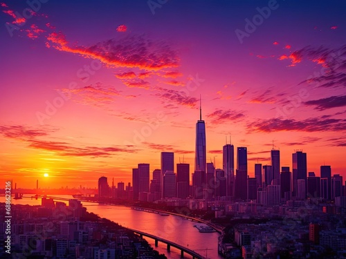 A Colorful Sunset Over A City Skyline Generative AI © sanverrstudio