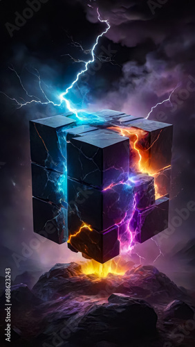 Futuristic stone cube with electric discharge. Dark background. AI 