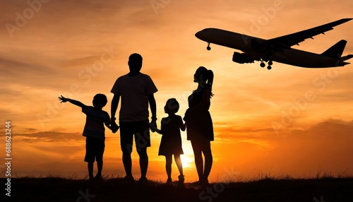 family silhouettes at sunset against the backdrop of a passenger plane taking off