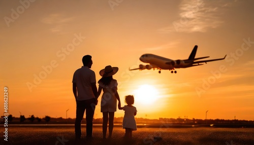family silhouettes at sunset against the backdrop of a passenger plane taking off
