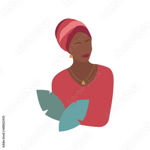 Portrait of black woman wearing traditional african turban, minimalist vector illustration anonymous portrait. Isolated