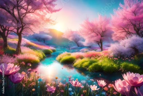 A dreamy Spring Background transformed into an ethereal landscape  the flowers taking on a surreal glow  the colors enhanced to create a scene that feels like a fantasy realm within the spring season