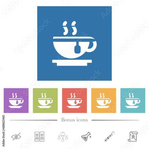 Cup of tea flat white icons in square backgrounds