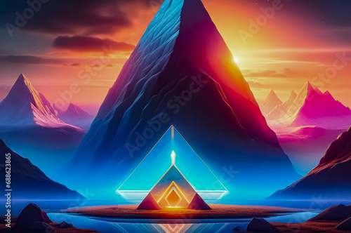 Futuristic landscape with triangular and neon elements. Fiction. AI   © IM_VISUAL_ARTIST
