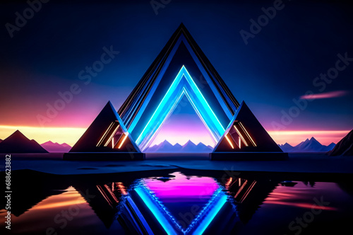 Futuristic landscape with triangular and neon elements. Fiction. AI 