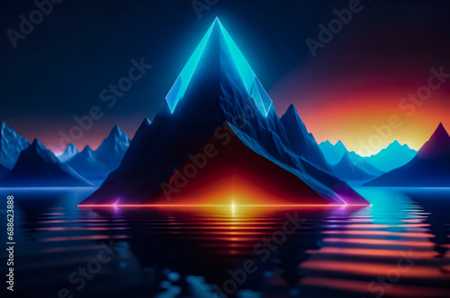 Futuristic landscape with triangular and neon elements. Fiction. AI  