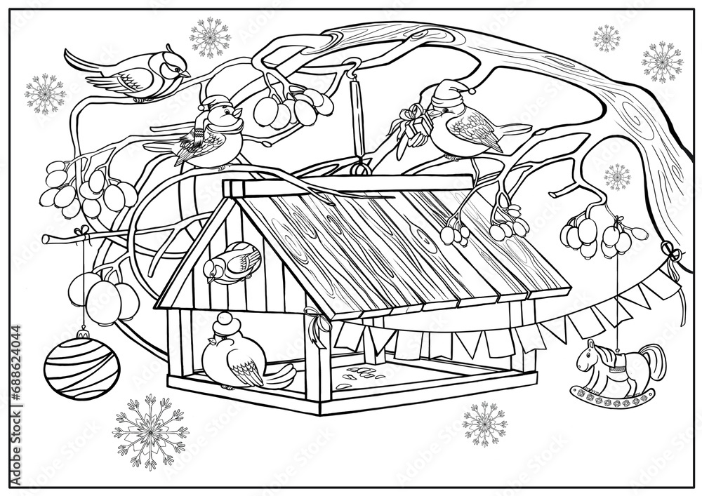 Birds on a branch, bird feeder, feeding birds in winter, winter period, fabulous birds, celebrating Christmas and New Year, coloring book for children