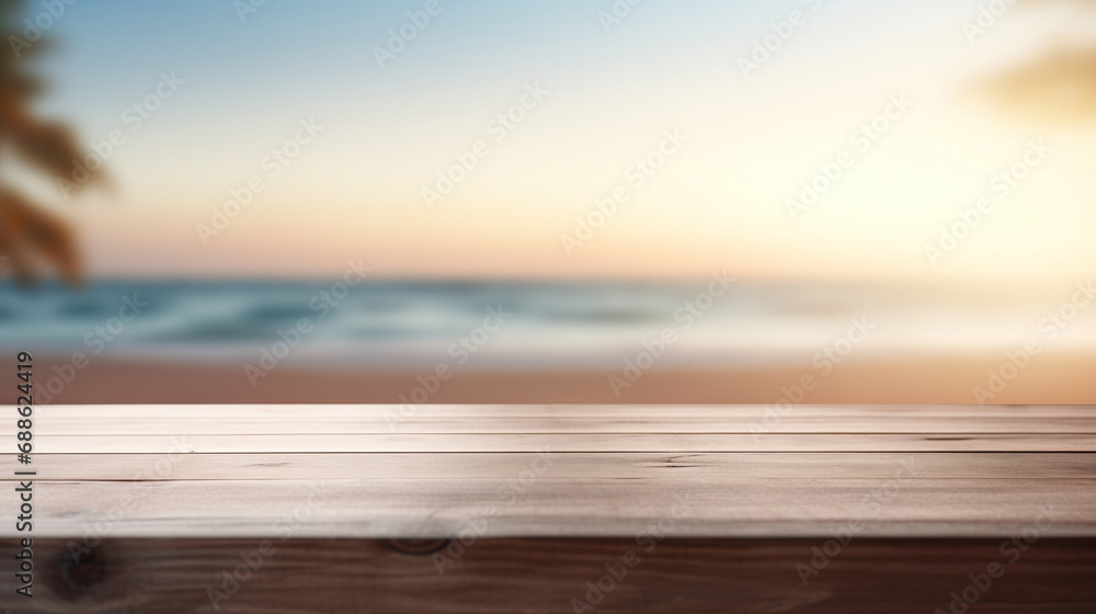 Wooden tabletop with background of the sea, copy space for text