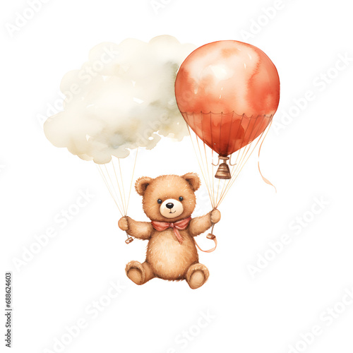 cute baby bear with balloons watercolor, New year party illustration