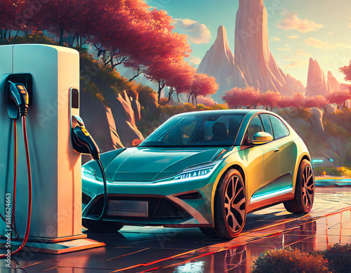 digital art of EV car with charging station