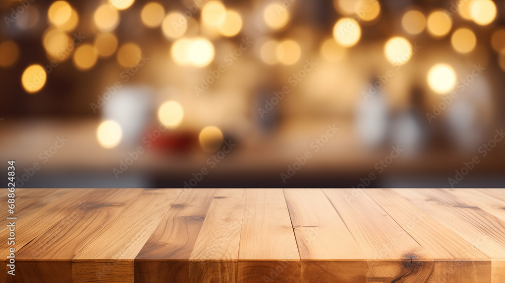 Empty wooden desk for product display montages coffee bar blurred background