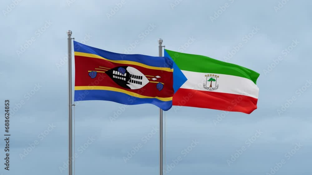 Equatorial Guinea flag and Eswatini flag waving together on cloudy sky, endless seamless loop, two country relations concept Equatorial Guinea flag and Eswatini flag waving together on cloudy sky, endless seamless loop, two country relations concept