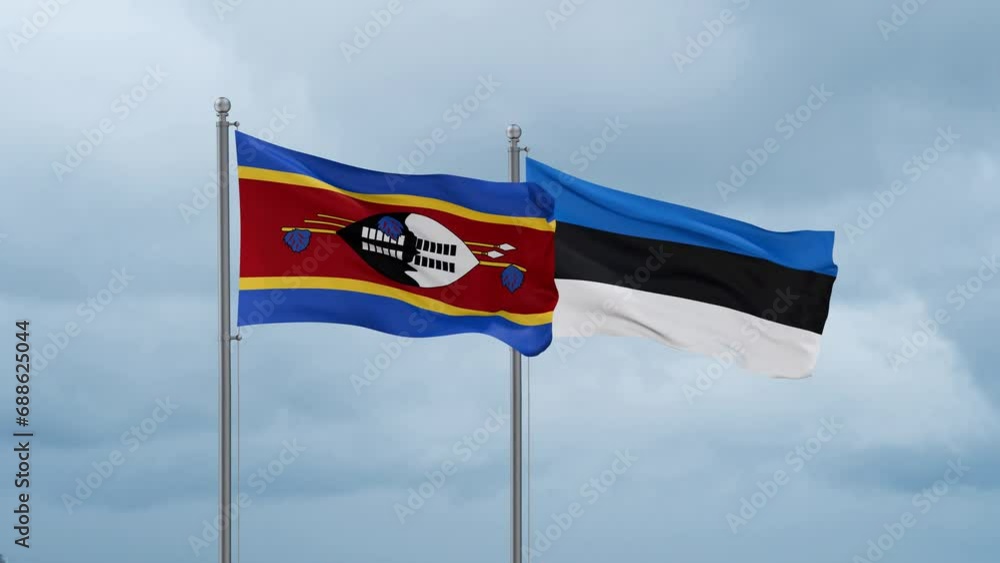 Estonia flag and Eswatini flag waving together on cloudy sky, endless seamless loop, two country relations concept Estonia flag and Eswatini flag waving together on cloudy sky, endless seamless loop, two country relations concept