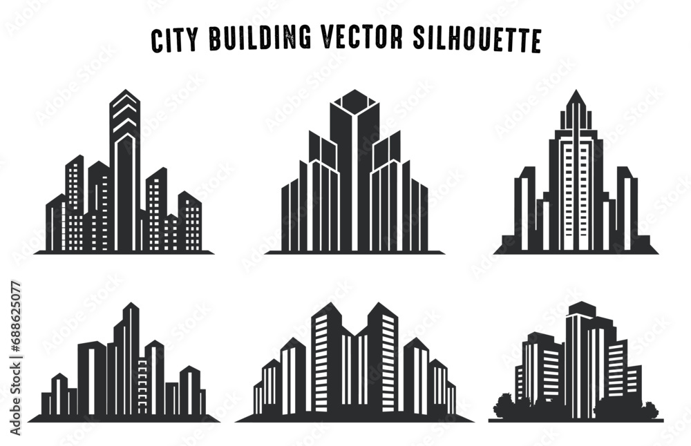 City Building Silhouette vector set, City Buildings Logo vector icon Bundle