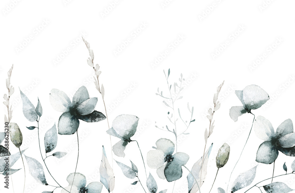 Watercolor painted floral delicate seamless border of pastel blue, gray poppy, wild flowers, spikelet, leaves, branches, field herbs. Hand drawn illustration. Watercolour artistic drawing.