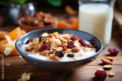 A detailed view of a nutritious bowl of granola, featuring a variety of dried fruits and nuts, sweetened with honey and accompanied by fresh milk