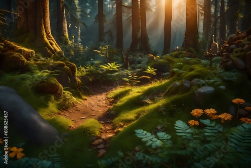 Digital computer graphics artwork, concept illustration, realistic cartoon style background, Forest Treasure, video game.