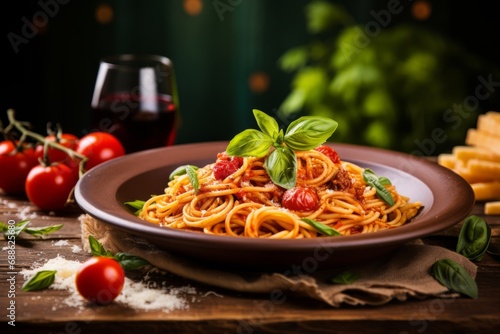 A delightful serving of spaghetti pasta, topped with parmesan and basil, accompanied by a glass of red wine on a traditional wooden table