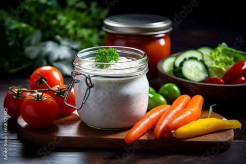 A detailed view of a homemade ranch dressing in a glass jar, accompanied by a variety of fresh vegetables on a vintage wooden table