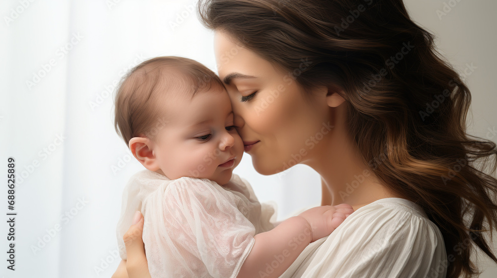 Mother's day. Young Caucasian woman holding and kissing her baby with love. Mother's day. Young Caucasian woman holding and kissing her baby with love.
