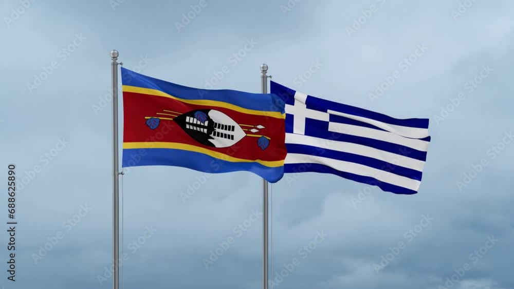Greece flag and Eswatini flag waving together on cloudy sky, endless seamless loop, two country relations concept Greece flag and Eswatini flag waving together on cloudy sky, endless seamless loop, two country relations concept