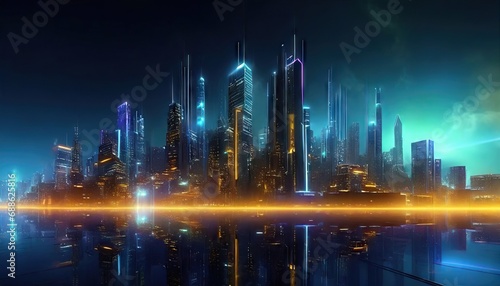illustration urban architecture, cityscape with space and neon light effect. Modern hi-tech, science, futuristic technology concept. Abstract digital high tech city design