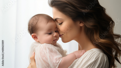 Mother's day. Young Caucasian woman holding and kissing her baby with love.