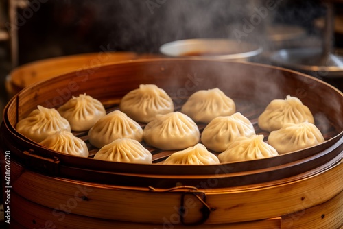 Delicious Xiao Long Bao dumplings served in a bamboo steamer at a popular street food market in Shanghai, China