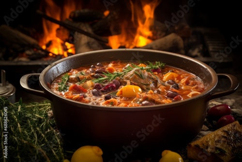 Aromatic Greek Yahni stew, bubbling away in a traditional kitchen pot, surrounded by fresh herbs and spices photo