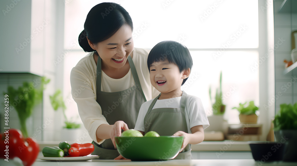 Asian mother and her child preparing food together in kitchen Asian mother and her child preparing food together in kitchen