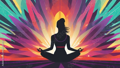  Silhouette of woman in lotus yoga position on the abstract positive energy background