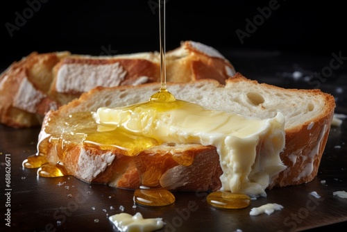 Detailed image of a slice of freshly baked bread topped with melting butter, highlighting the delicious richness of the meal