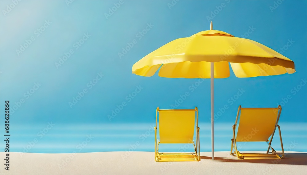 web banner size copy space Beach yellow umbrella with yellow chairs on blue background.