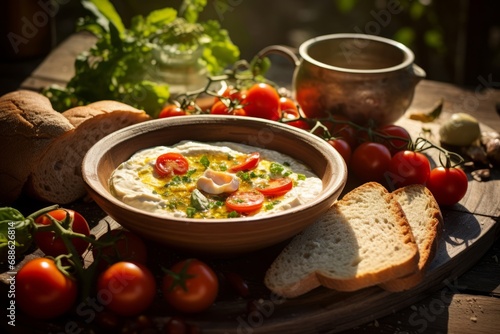 Authentic Serbian Skorup beautifully presented in a countryside setting with traditional bread and fresh vegetables photo