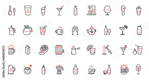 Drinks trendy red black thin line icons set vector illustration. Restaurant bar menu collection with mineral water, alcohol cocktails, fruit vitamin juice, hot coffee and tea, champagne and beer glass