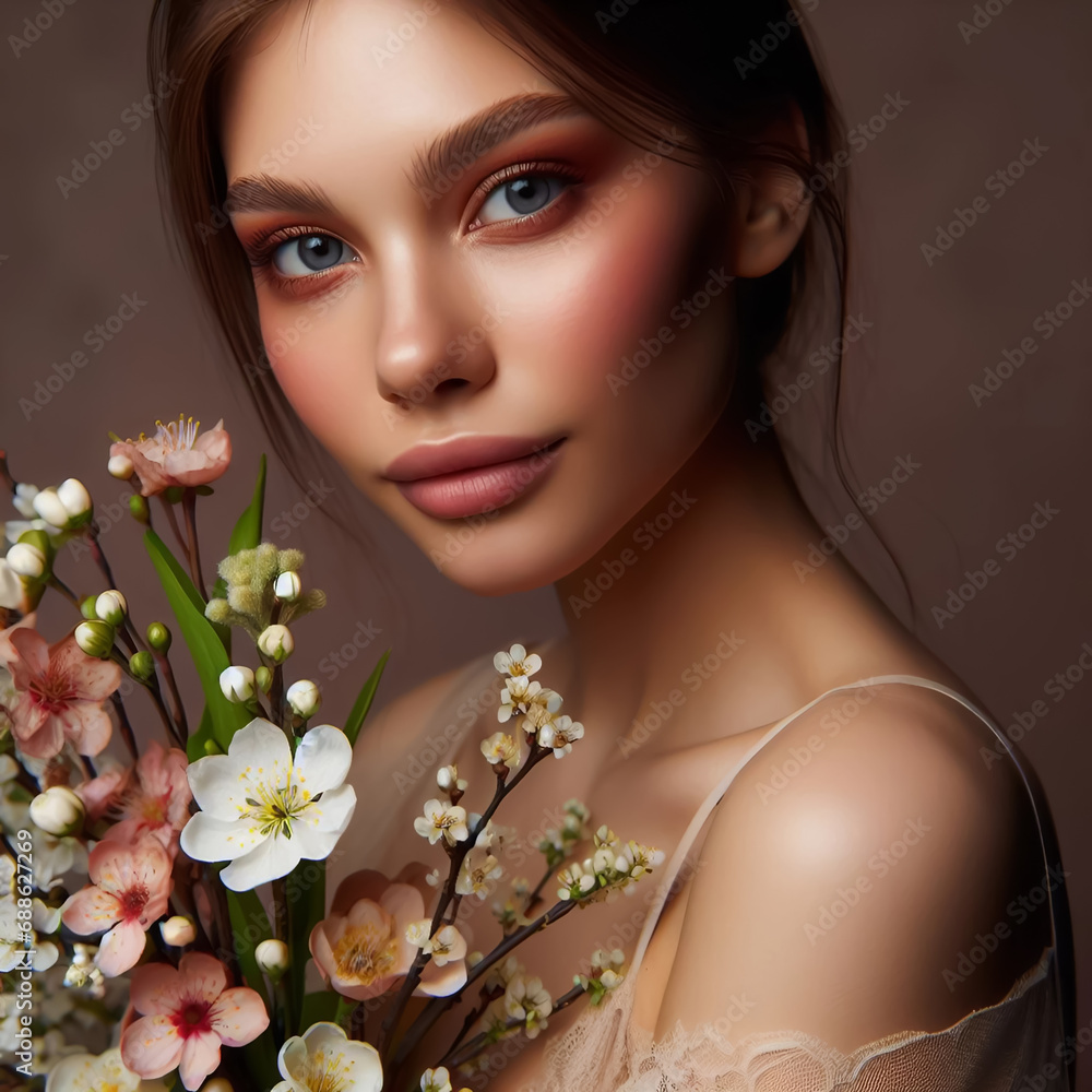 Young fashion model posing with spring flowers, close-up face portrait Young fashion model posing with spring flowers, close-up face portrait