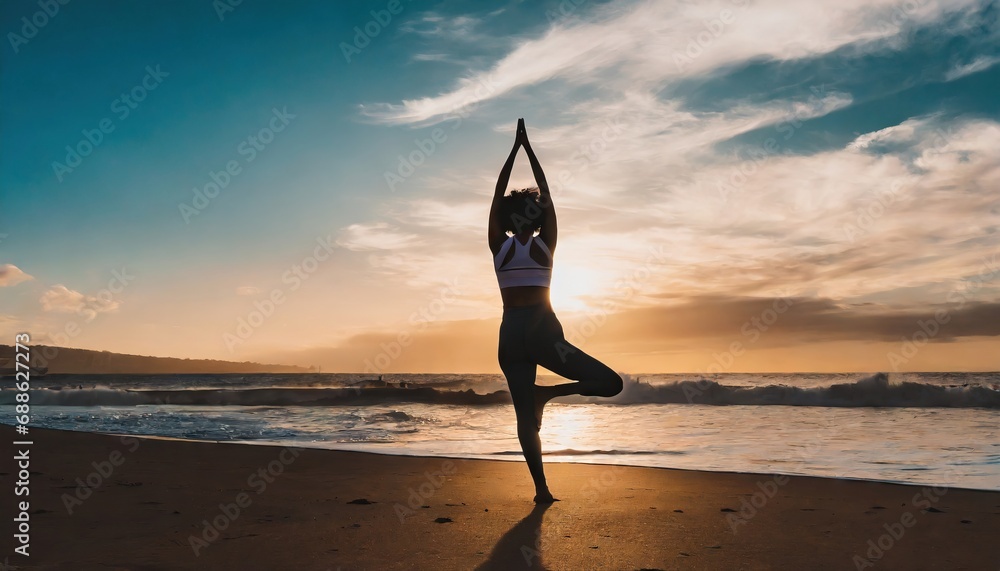 woman doing yoga on the beach at sunset