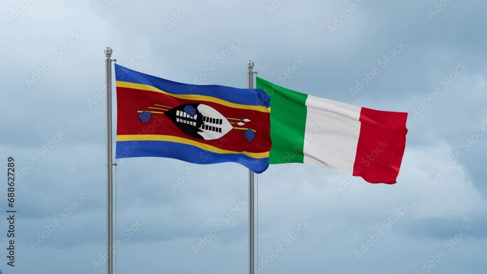 Italy and Eswatini flag waving together on cloudy sky, endless seamless loop, two country cooperation concept Italy and Eswatini flag waving together on cloudy sky, endless seamless loop, two country cooperation concept