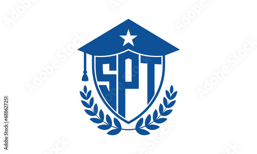SPT three letter iconic academic logo design vector template. monogram, abstract, school, college, university, graduation cap symbol logo, shield, model, institute, educational, coaching canter, tech