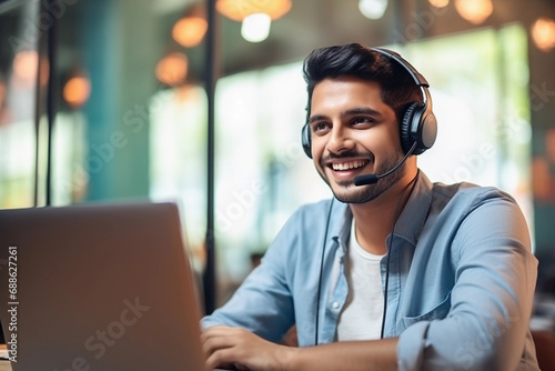 guy in headphones behind a laptop doing online customer counseling, online training photo