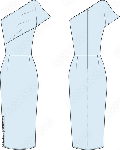 midi pencil cut bodycon asymmetrical dress nightwear gown dress template technical drawing flat sketch cad mockup fashion woman