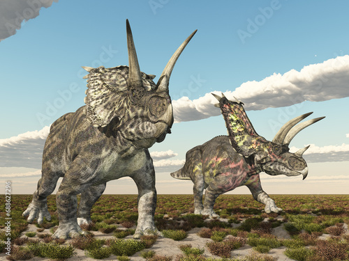 Dinosaurier Pentaceratops in einer Landschaft