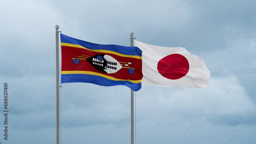 Japan flag and Eswatini flag waving together on cloudy sky, endless seamless loop, two country relations concept Japan flag and Eswatini flag waving together on cloudy sky, endless seamless loop, two country relations concept