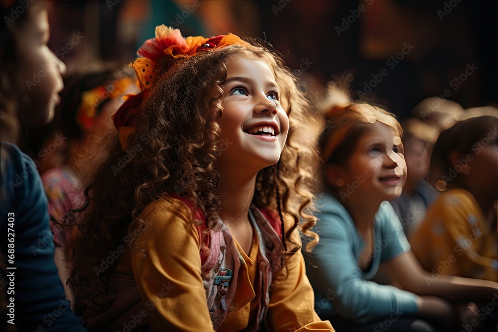 Children's musical group sing and dance on stage during graduation concert of elementary school. Children play. Emotional children's show on stage. Children's creativity