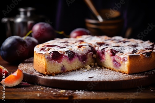 A traditional German Zwetschgenkuchen, a delightful plum cake, served on a vintage wooden table with a dusting of powdered sugar